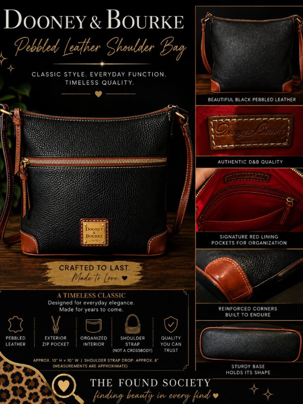 Dooney & Bourke Black Pebbled Leather Shoulder Bag Tan Trim